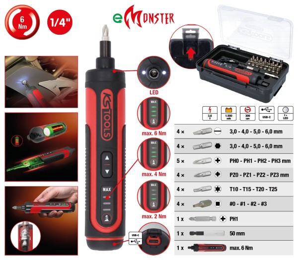 Akku-Bit-Stabschrauber-Satz eMONSTER 1/4", 27-tlg KS-TOOLS 515.3600